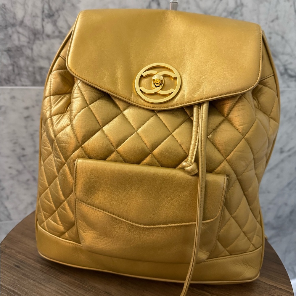CHANEL Vintage Metallic Gold Quilted Backpack